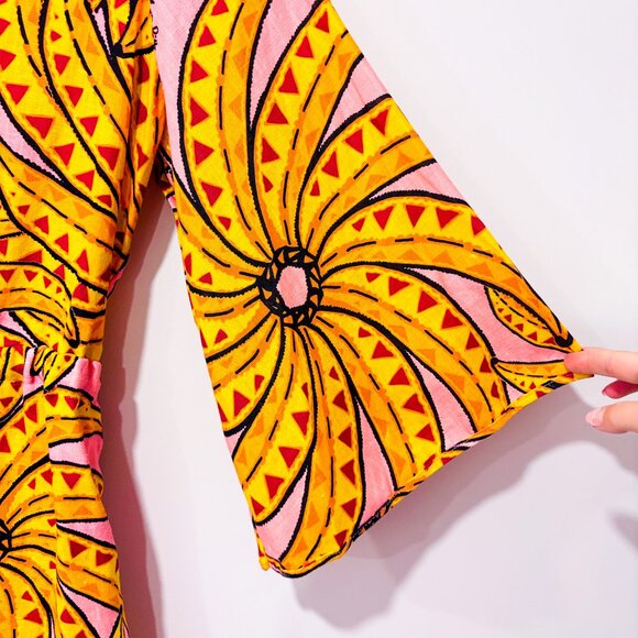 FARM RIO Pink Yellow Floral Banana Linen Romper | Tropical Vacation | Small * - Picture 6 of 11